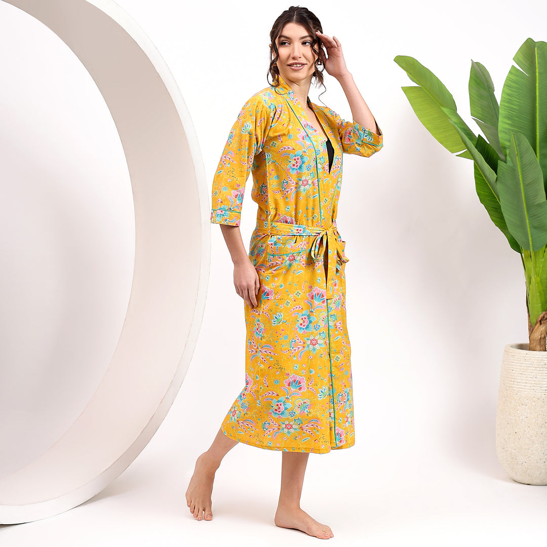 Floral Print Cotton Kimono Robe – Boho Dressing Gown for Women