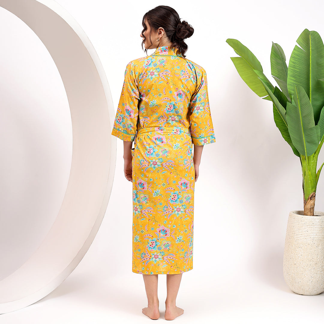 Floral Print Cotton Kimono Robe – Boho Dressing Gown for Women