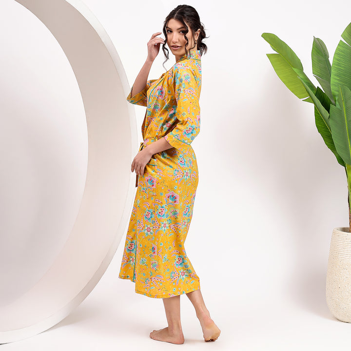 Floral Print Cotton Kimono Robe – Boho Dressing Gown for Women