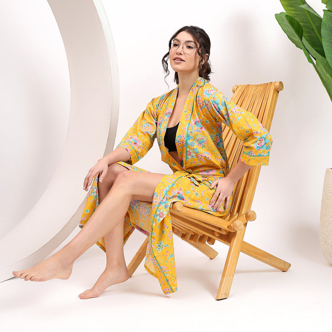 Floral Print Cotton Kimono Robe – Boho Dressing Gown for Women