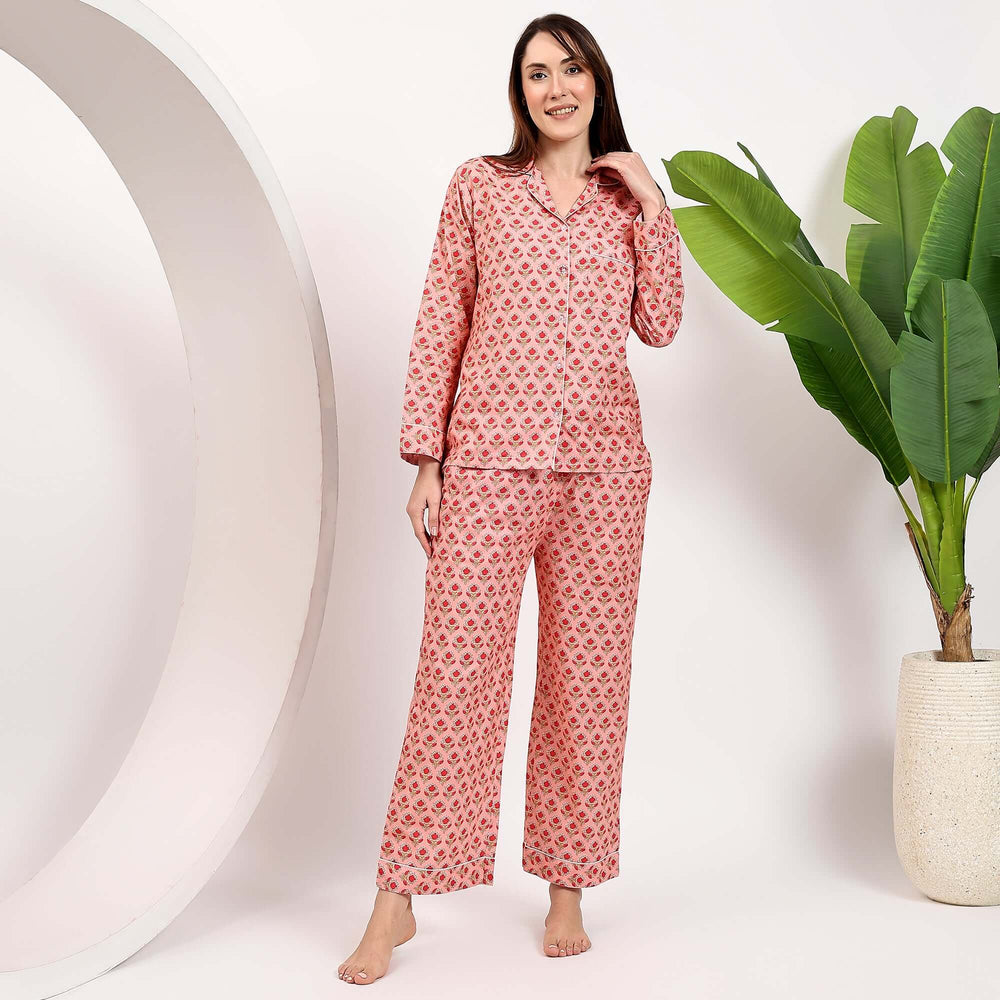 Block Print cotton PJ Set for Women showcasing a relaxed fit and traditional design, perfect for lounging or sleeping.