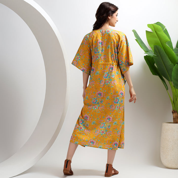 Elegant floral kaftan – block print cotton abaya dress