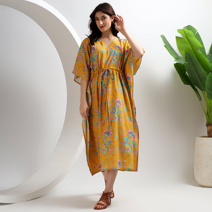 Block print cotton caftan dress for women