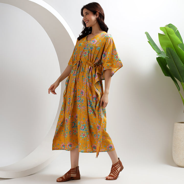 Indian cotton abaya – floral block print formal caftan dress