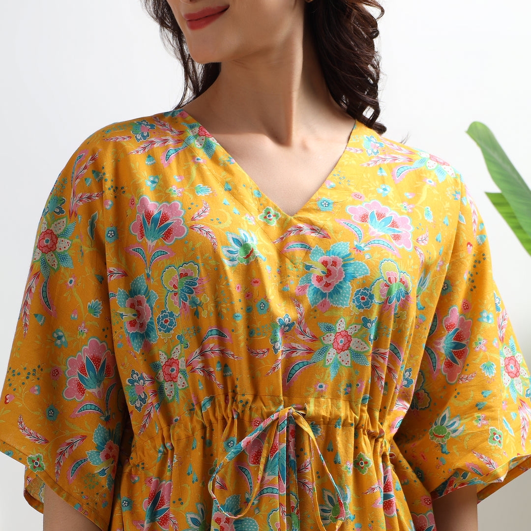 Formal floral cotton kaftan dress with block print