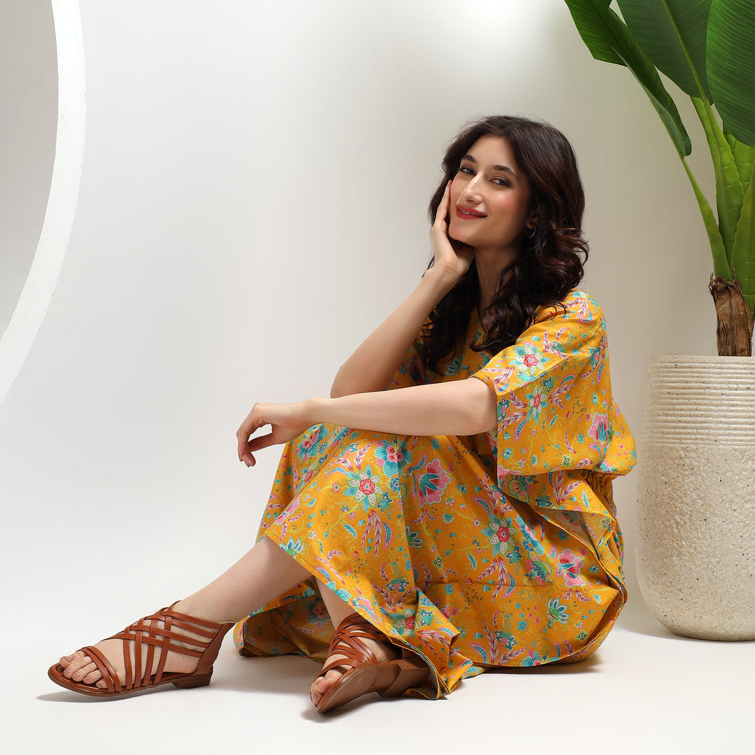 Formal abaya dress – floral block printed cotton kaftan