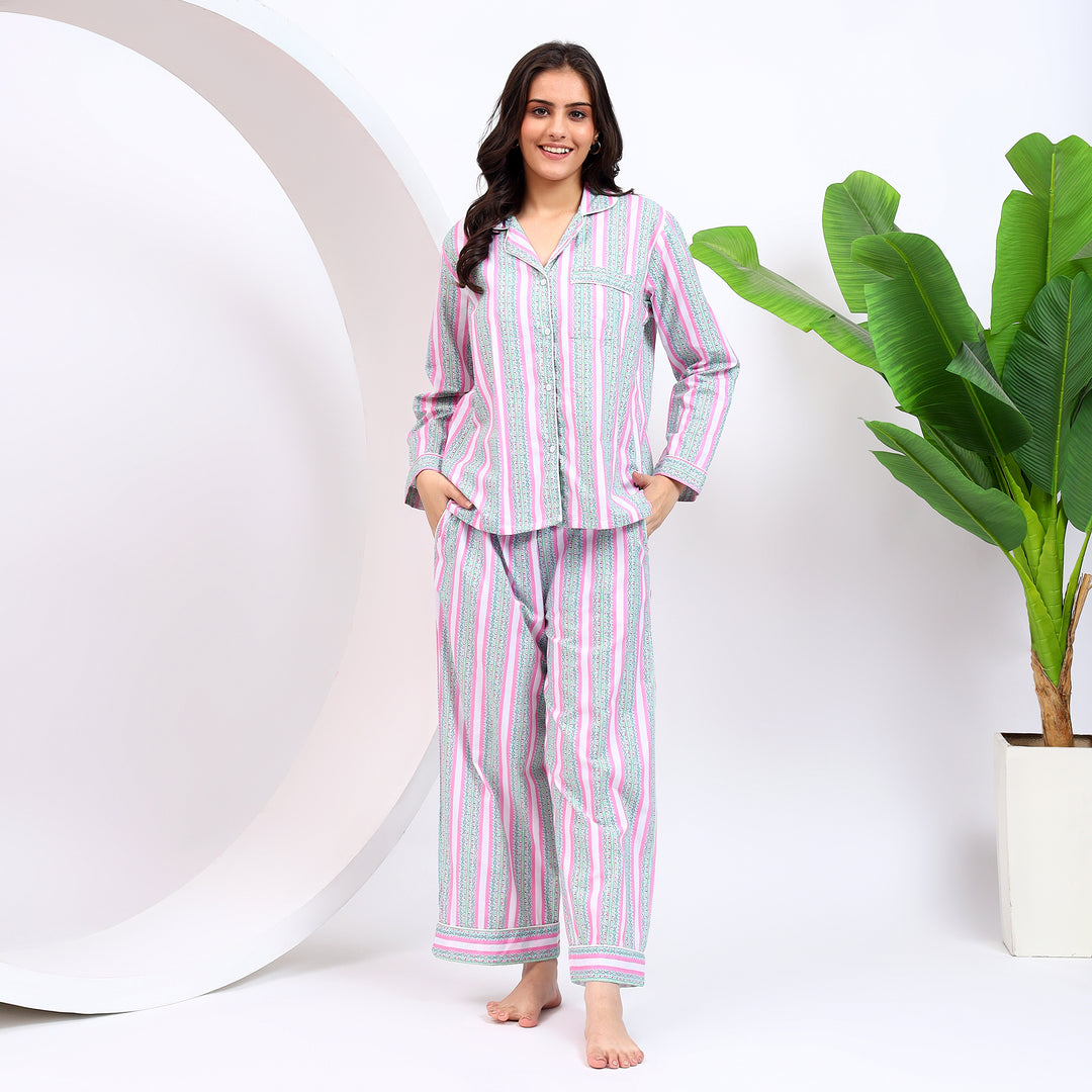 Front view of pink striped loungewear set with full-sleeve shirt and pajamas