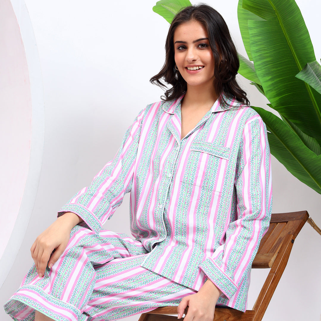 Women’s pink stripe lounge set showcasing premium cotton fabric and design