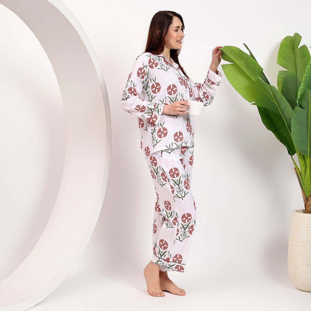 block print cotton pajama set for women, featuring floral design in soft Indian cotton, ideal for comfort and style.