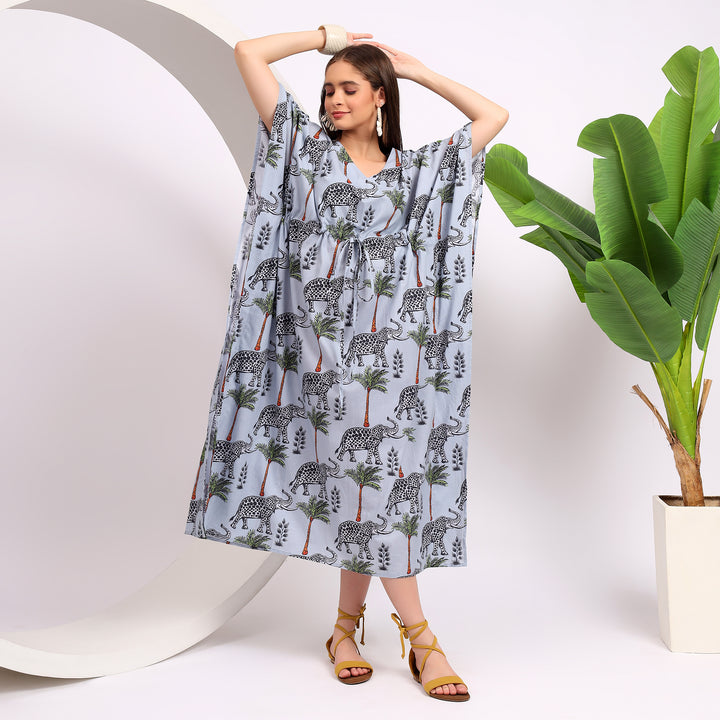 Stylish Women's Kaftan - Elephant Print Cotton Loungewear