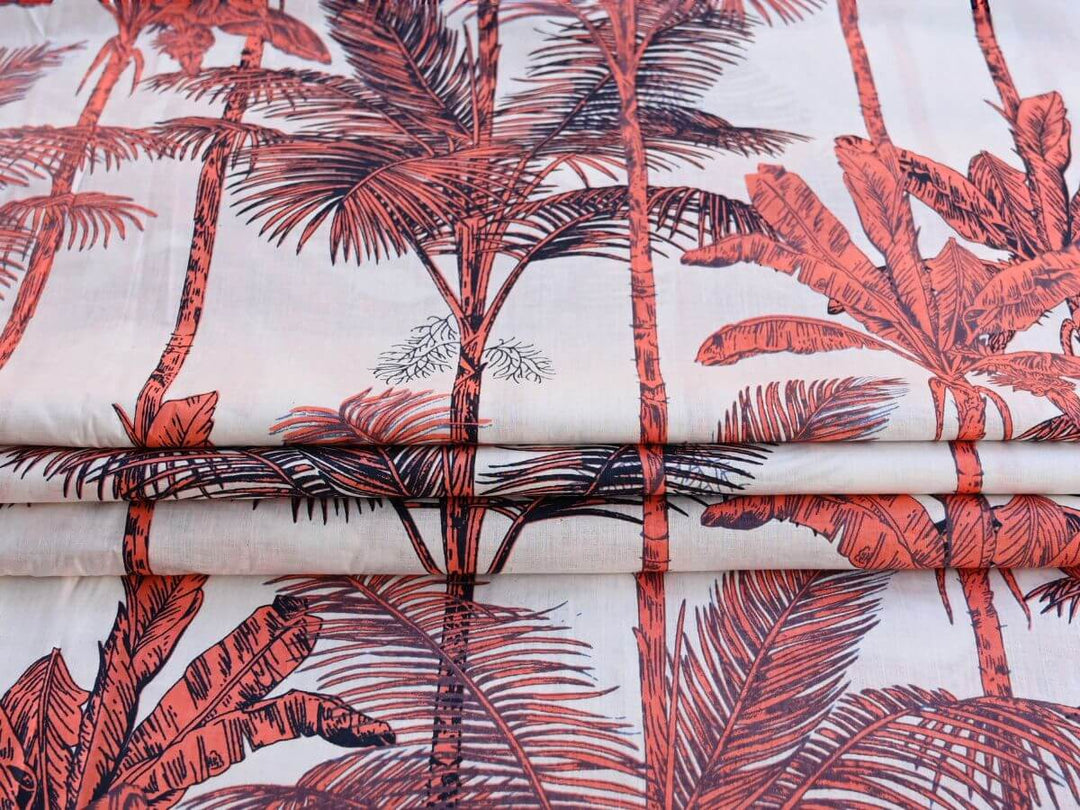 Palm leaf printed cotton fabric close up - Fabric store India tropical cotton textiles