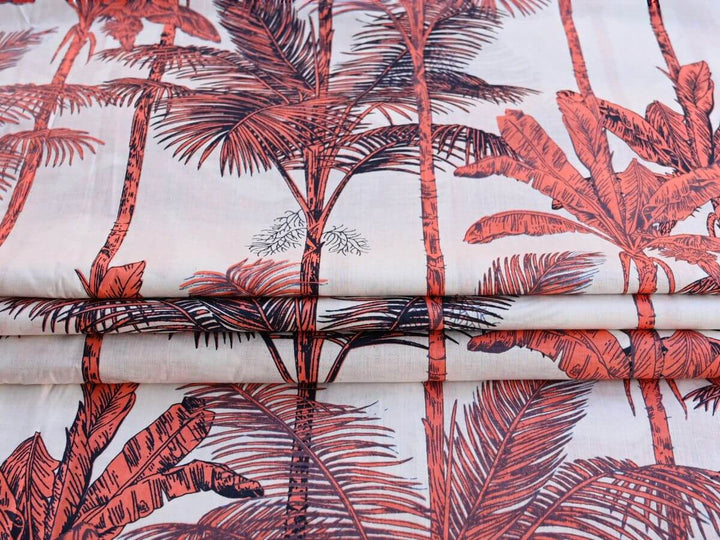 Palm leaf printed cotton fabric close up - Fabric store India tropical cotton textiles