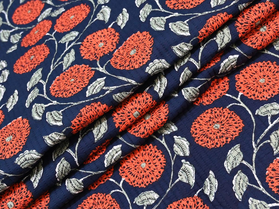 Navy Blue Quilted Fabric | Floral Cotton Indian Quilting Fabric by the Yard | Indolibas
