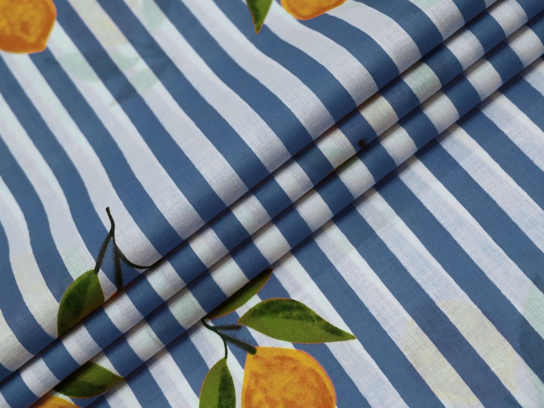 Blue Lemon Stripe Indian Textile Fabric by the Yard | Cotton Print | Indolibas