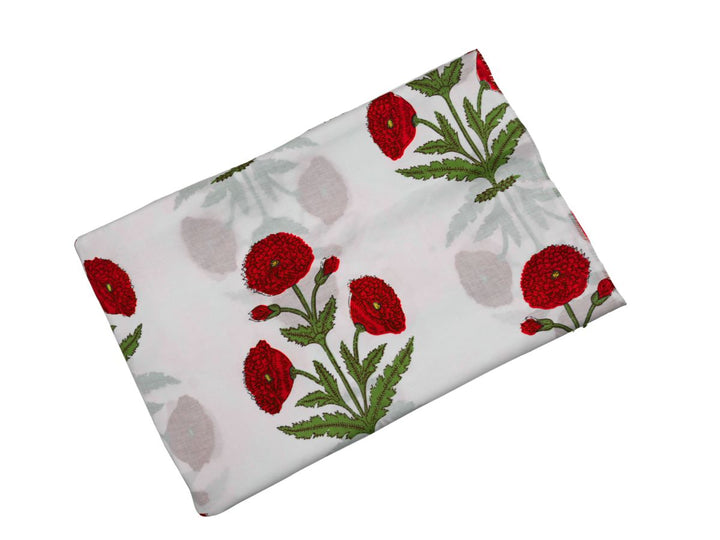 Hand Block Print Fabric by the Meter - Red Poppy Floral Fabric  Indolibas