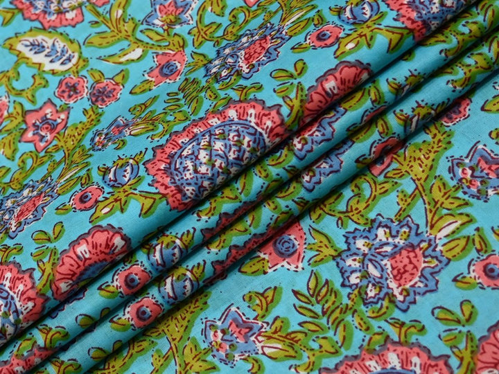 Block Print Blue Quilting Fabric by the Yard | Green Floral Indian Cotton | Indolibas
