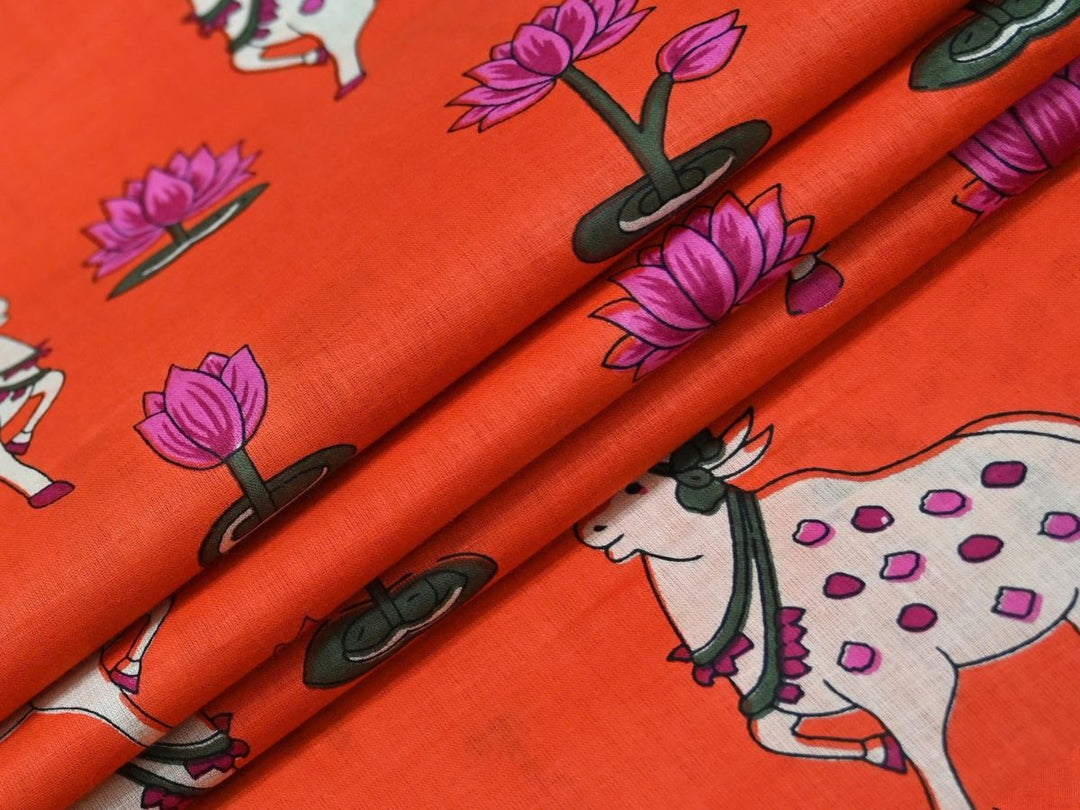 Orange Pichwai Cow Lotus Indian Cotton Fabric | Indolibas