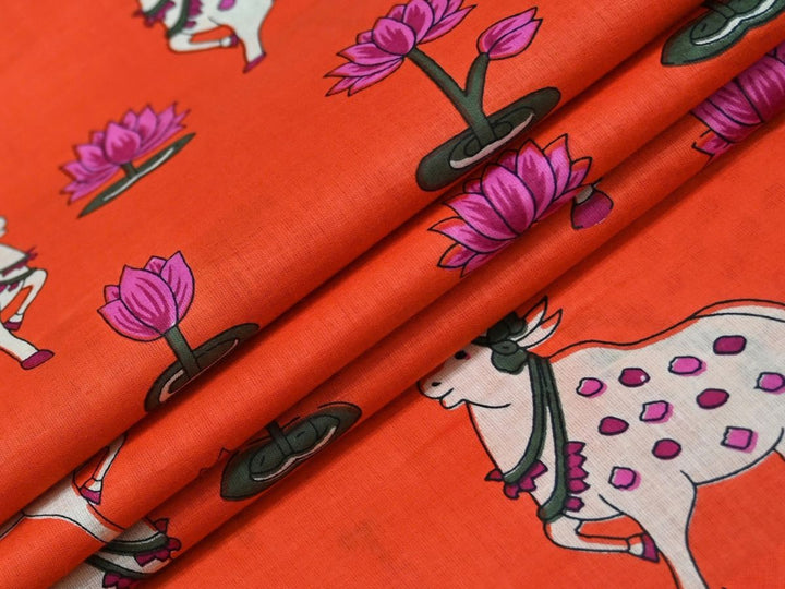Orange Pichwai Cow Lotus Indian Cotton Fabric | Indolibas