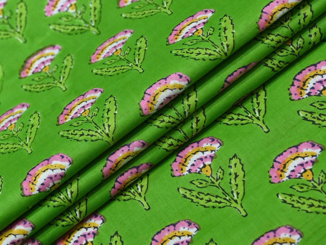 Cotton Fabric Online | Green Block Print Floral by the Yard | Indolibas