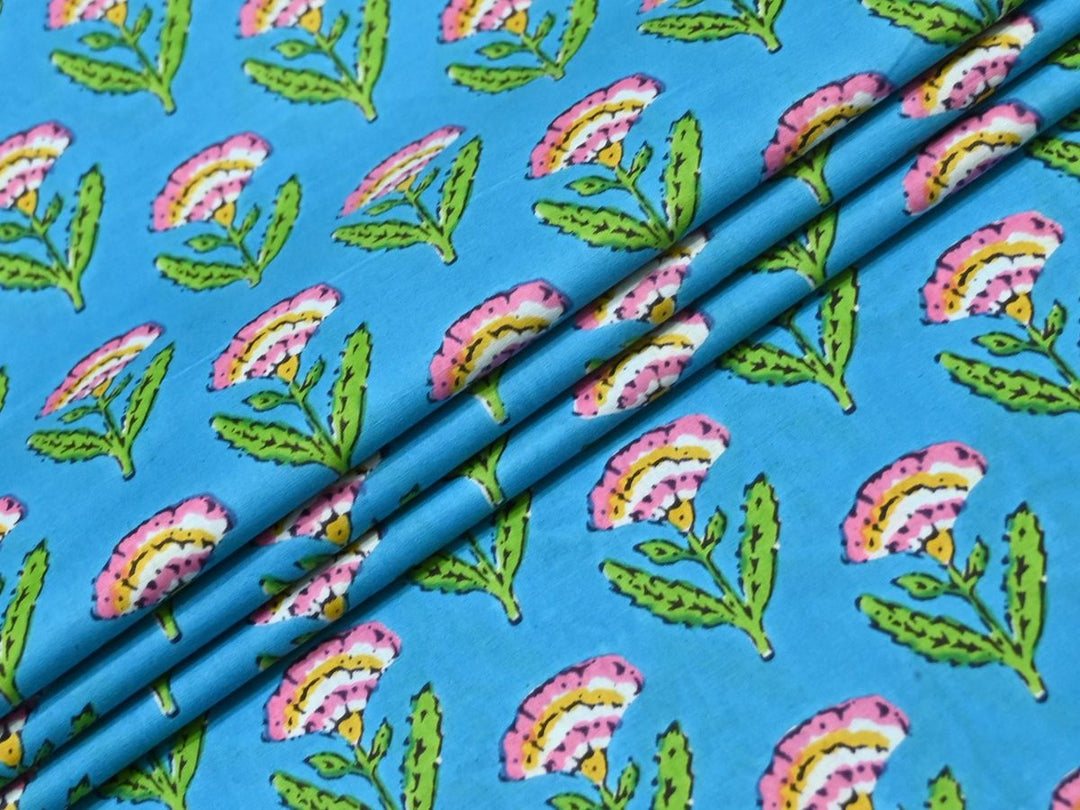 Indian Block Print Fabric by the Yard | Turquoise Pink and Green Floral Cotton Prints | Indolibas