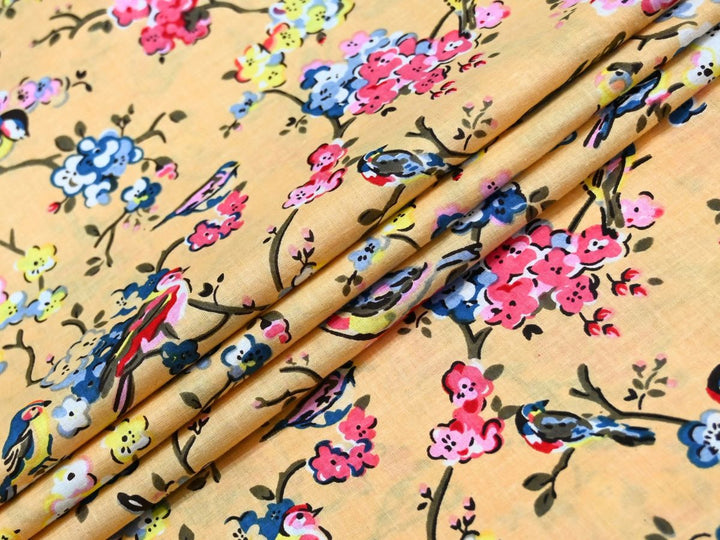 Cotton Textile Fabric by the Yard | Yellow Bird Blossom Print | Indolibas