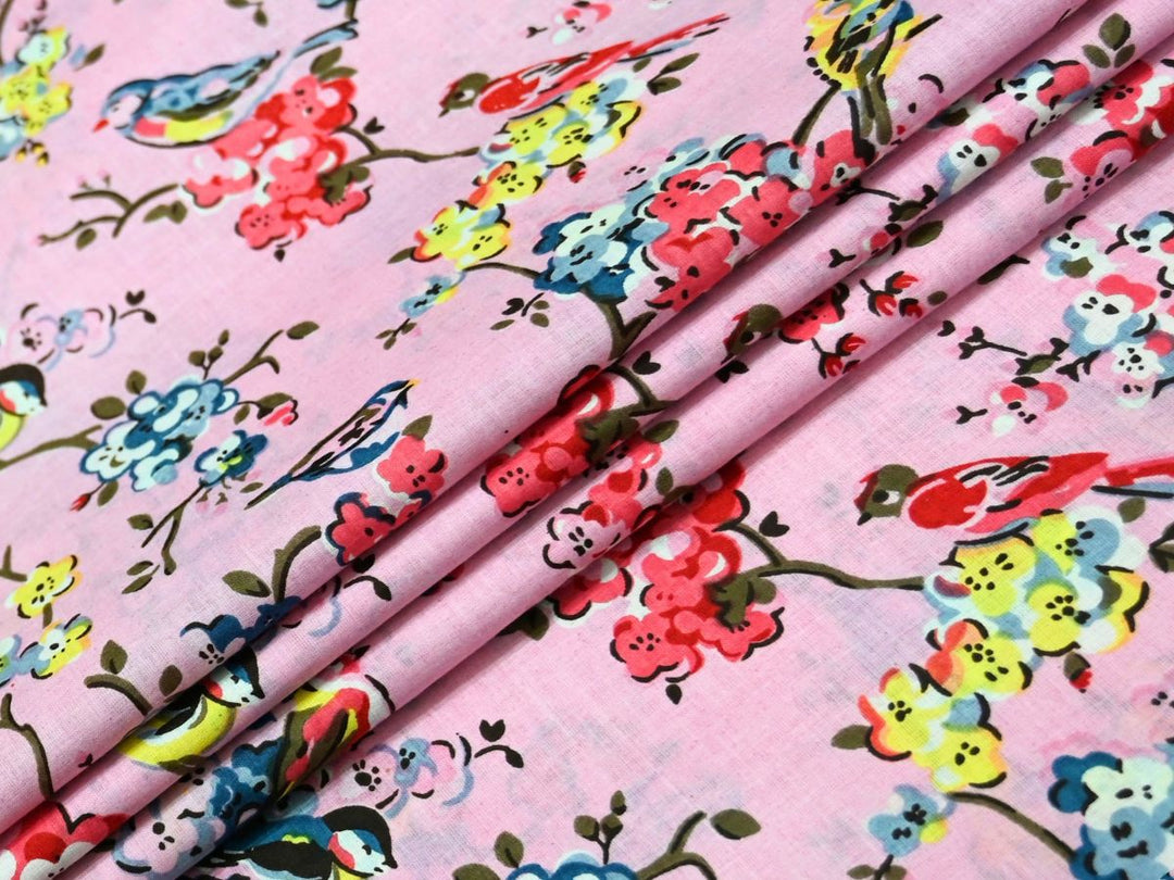 Cotton Textile Fabric by the Yard | Pink Bird Blossom Print | Indolibas