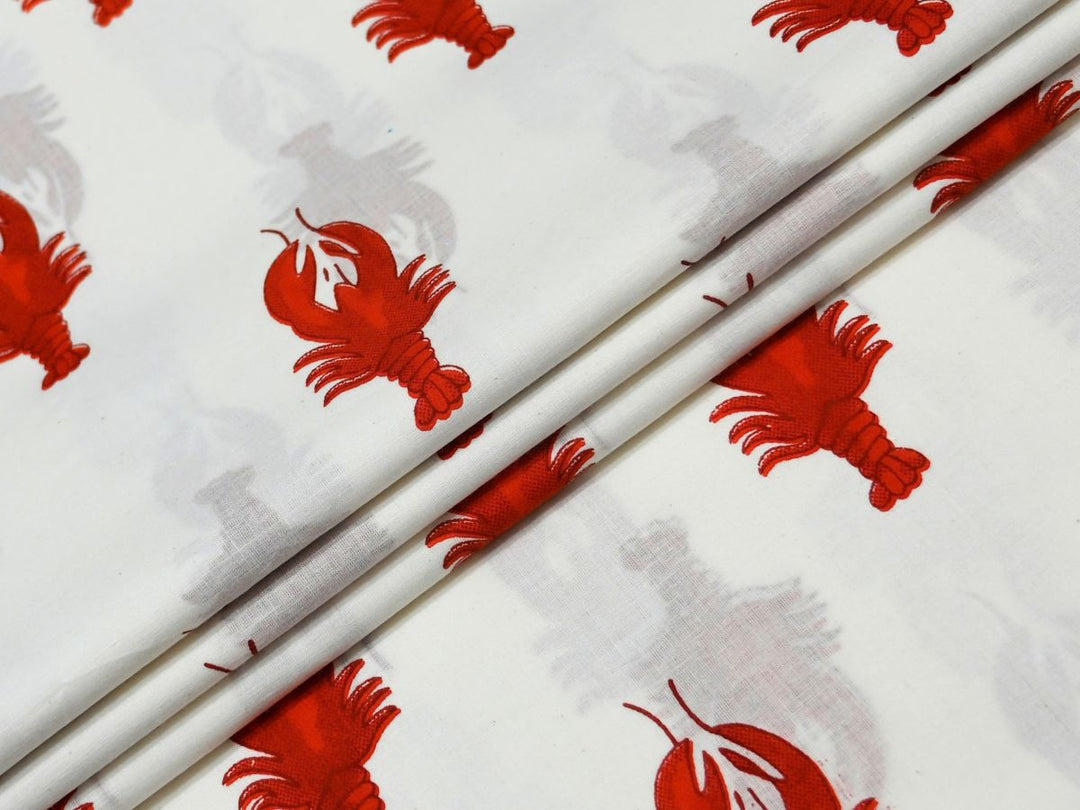 Close-up of White lobster print cotton fabric with white lobster details