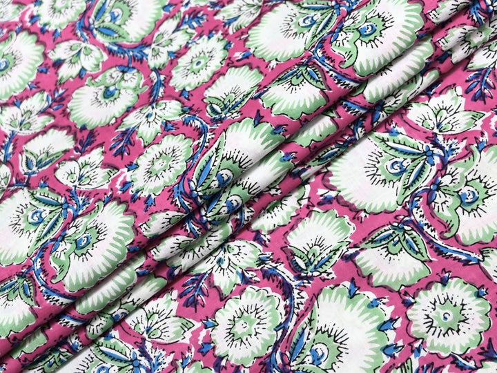 Indian Block Print Fabric by the Yard | Pink Floral Cotton Print | Indolibas