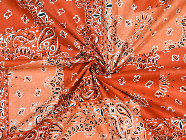 Orange Bandana Print Fabric by the Yard | Patchwork Cotton Print | Indolibas
