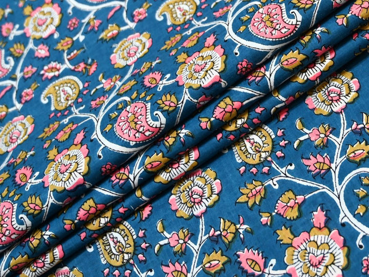 Block Print Cotton Material by the Yard | Dark Blue Paisley Print | Indolibas
