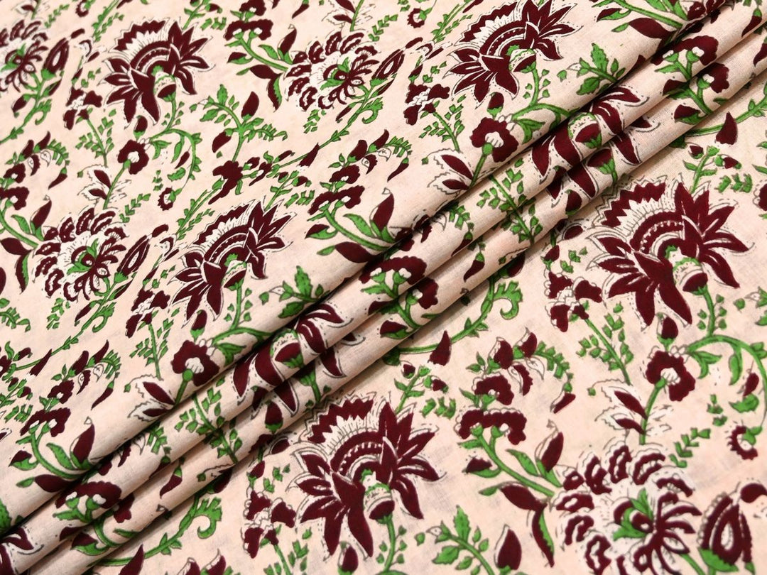 Beige Floral Block Print Fabric by the Yard | Indian Cotton Print | Indolibas
