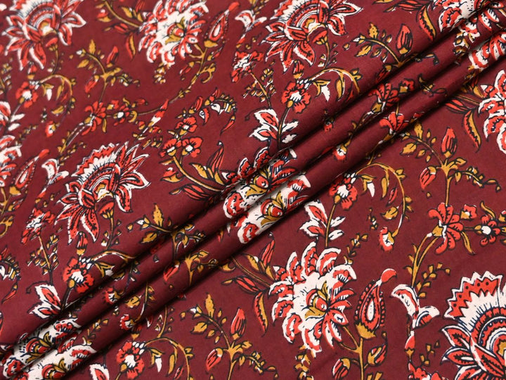Woodblock Print Cotton Fabric by the Yard | Brik Red Boho Floral | Indolibas