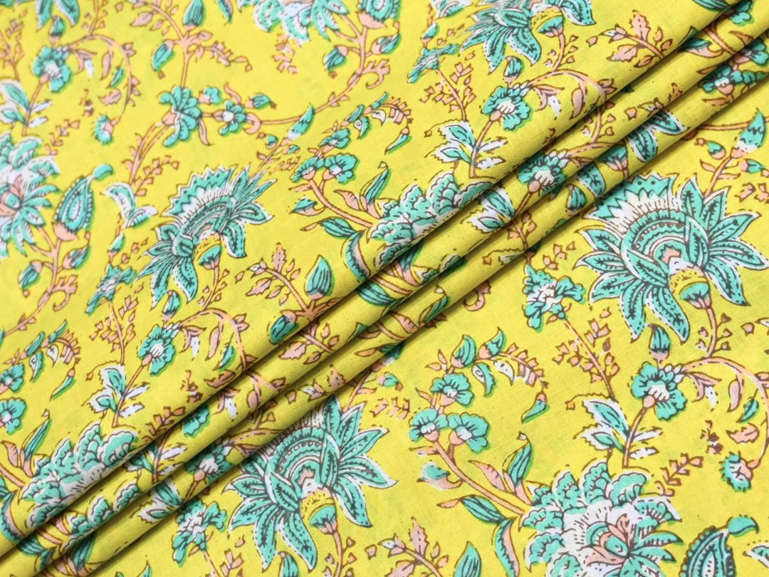 Yellow Floral Block Print Fabric by the Yard | Indian Cotton Print | Indolibas
