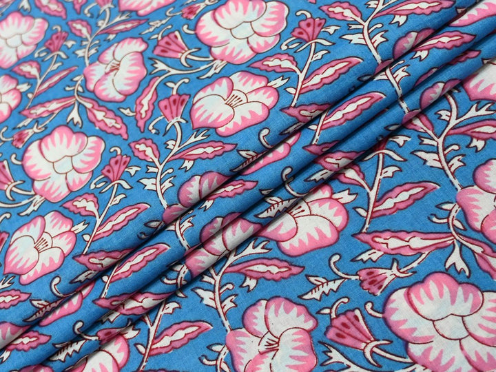 Pink &amp; Blue Floral Fabric by the Yard | Indian Block Print for DIY Crafts | Indolibas