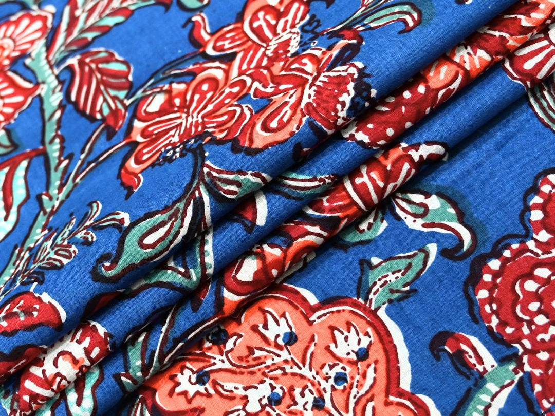 Blue Floral Fabric by the Yard | Indian Block Print for Boho Dresses | Indolibas