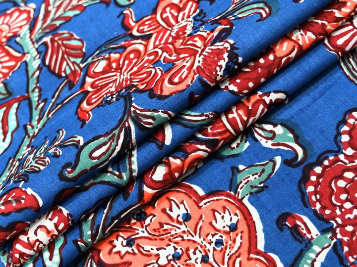 Blue Floral Fabric by the Yard | Indian Block Print for Boho Dresses | Indolibas
