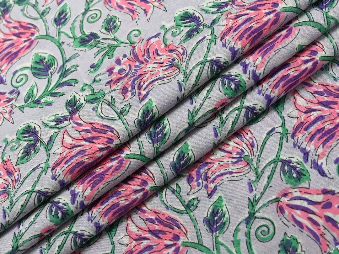 Lavender Floral Fabric by the Yard | Indian Block Print for Table Settings | Indolibas