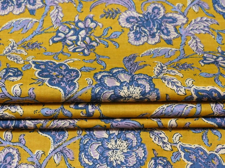 Yellow Floral Cotton Fabric by the Yard | Blue Botanical Block Print | Indolibas