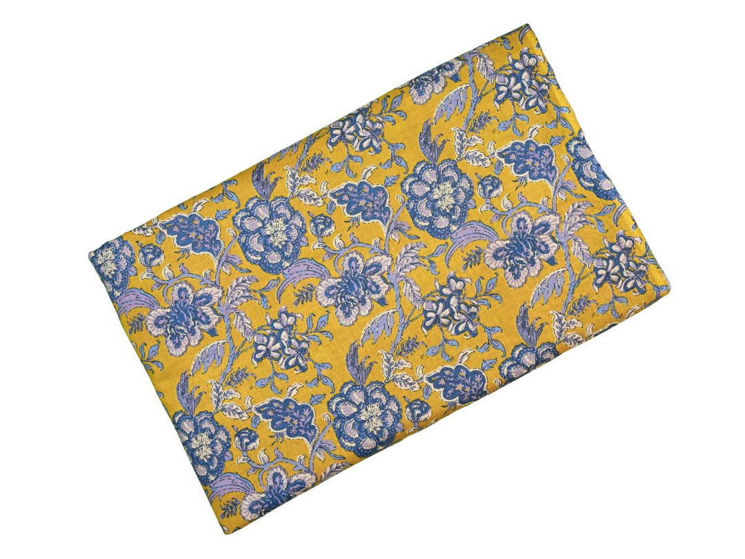 Yellow Floral Cotton Fabric by the Yard | Blue Botanical Block Print | Indolibas