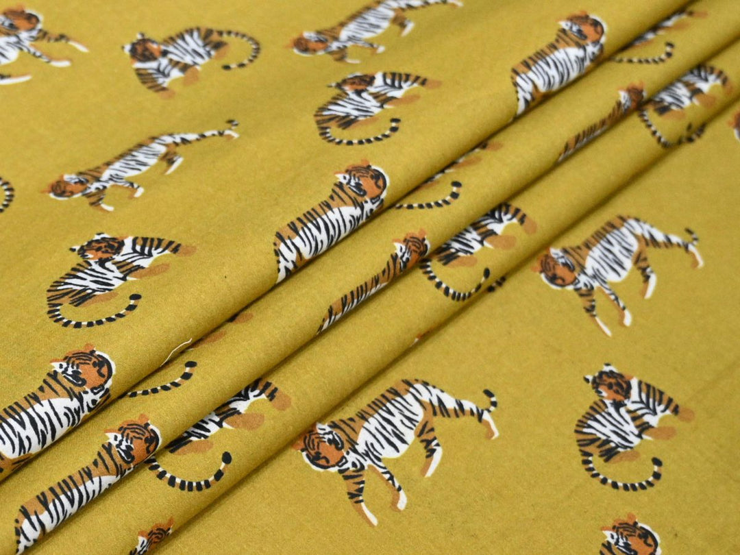 Mustard Tiger Animal Print Cotton Fabric by the Yard – Indian Textile for Sewing, Quilting & Home Decor fabric store online from india