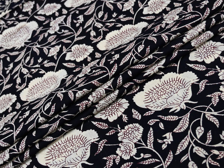 Black Floral Cotton Fabric by the Yard | Wood Block Print | Indolibas