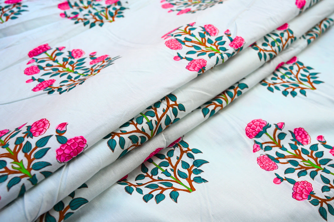 Floral Block Print Fabrics by the Yard – Indian Cotton Textile for Sewing & Decor