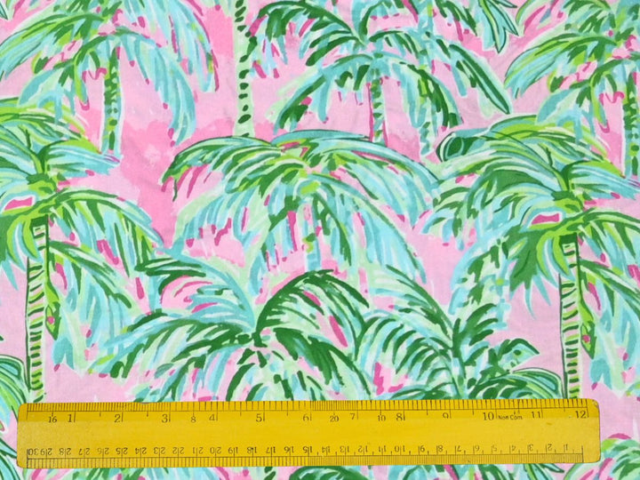 indian tropical cotton textile - palm tree print fabric close up