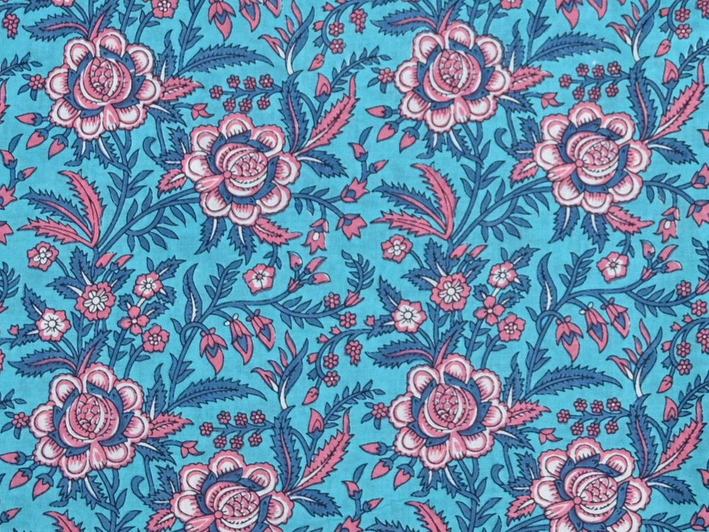 Floral fabric by the yard hand block print - Hand block printed floral cotton fabric India