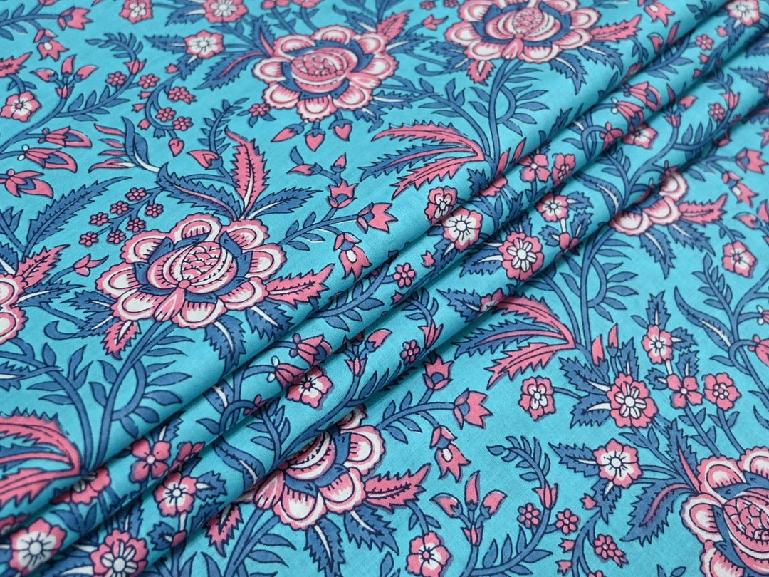 Fabric with Flowers by the Yard | Hand Block Printed Cotton Summer Textile