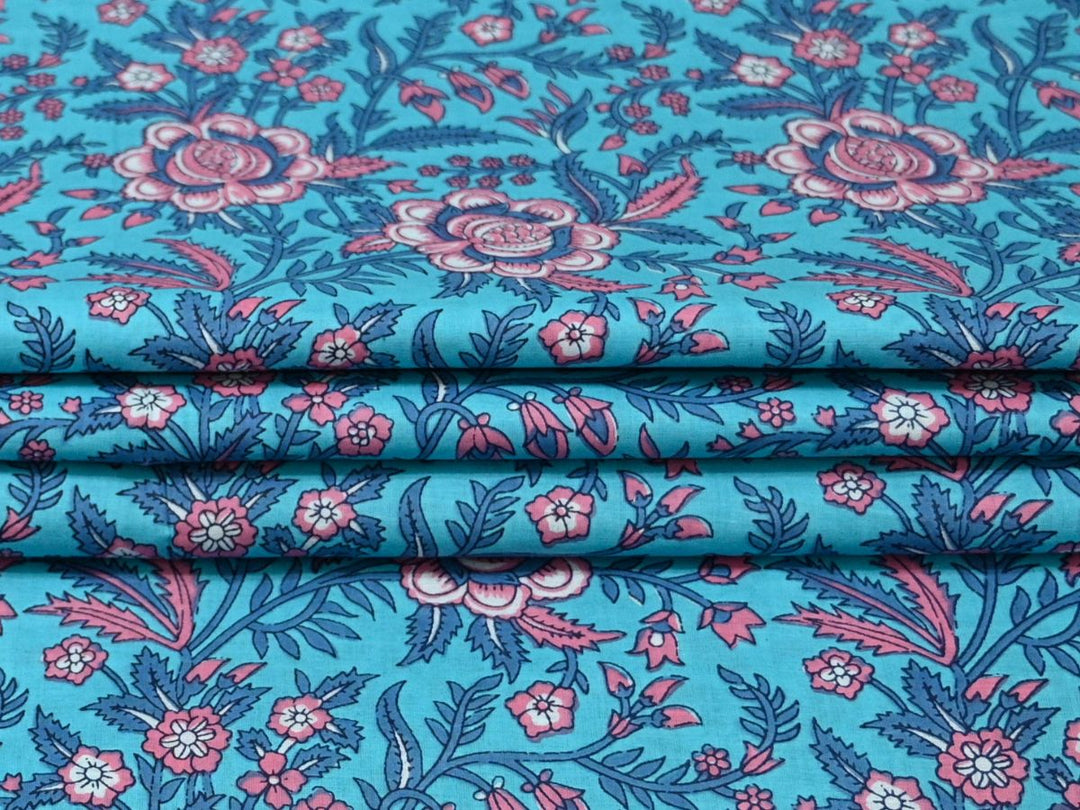 Traditional Indian floral fabric for clothing - Block printed floral fabric for summer wear