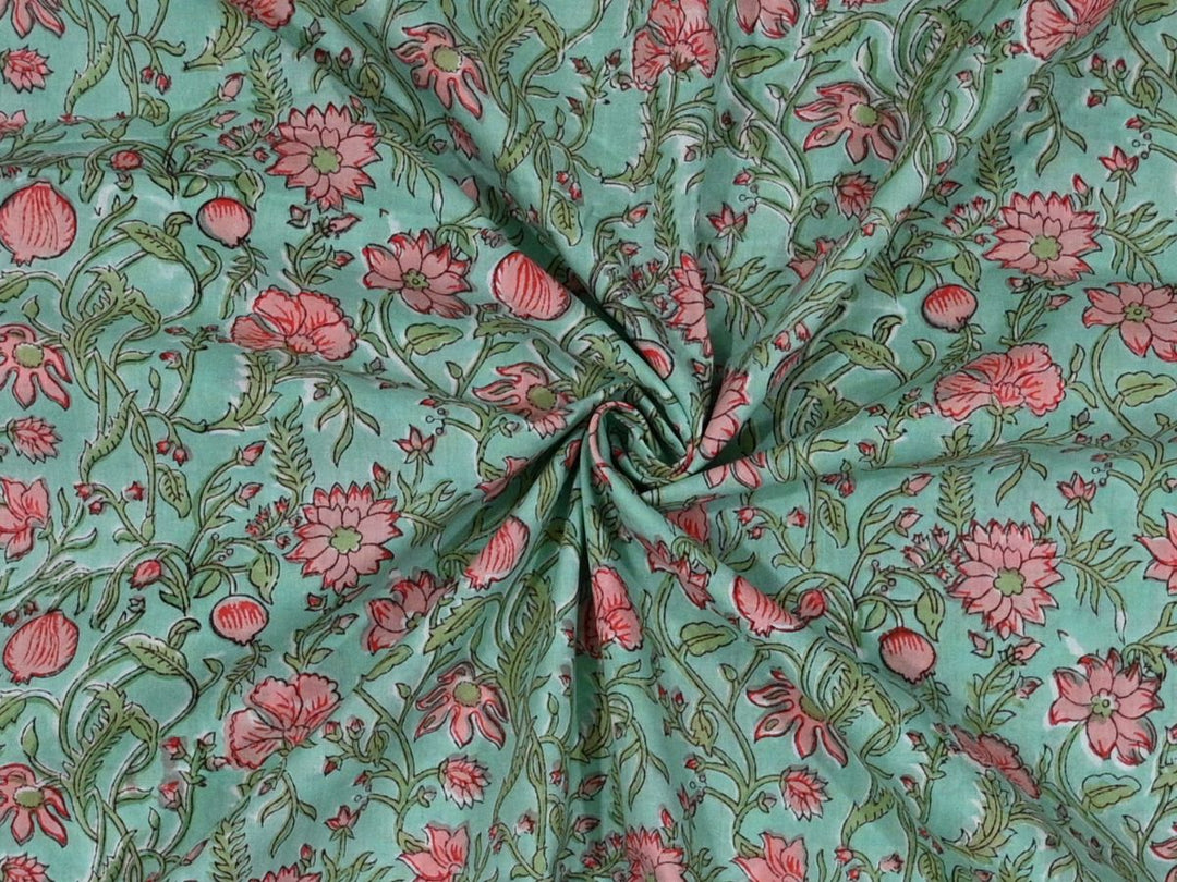 Floral fabric by the yard Indian textile - Block print cloth with flower design close up