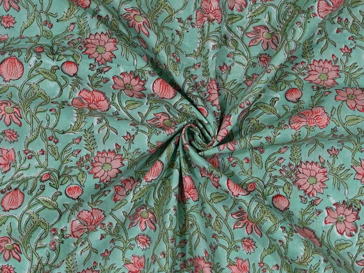 Floral fabric by the yard Indian textile - Block print cloth with flower design close up