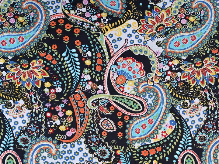 Black color Bandana print cotton fabric paisley design India Online fabric stote