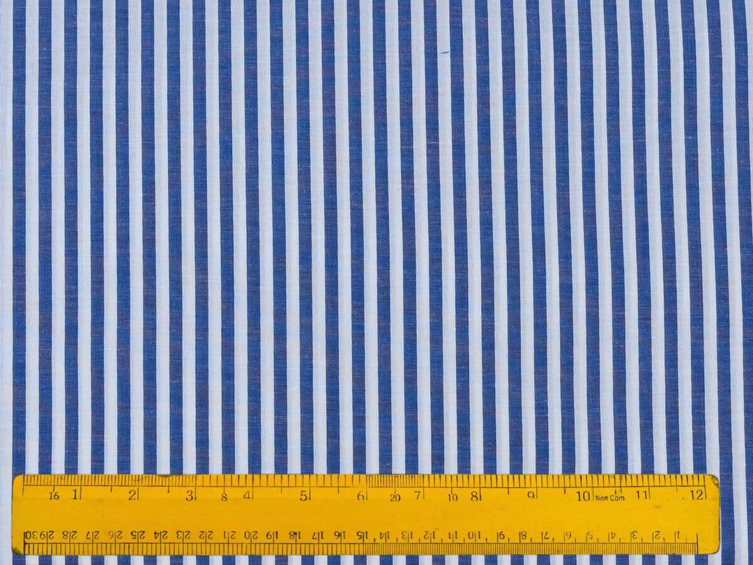 Online Fabrics by Yard Store - Indian Cotton Stripe Fabric in blue and white with measuring ruler.